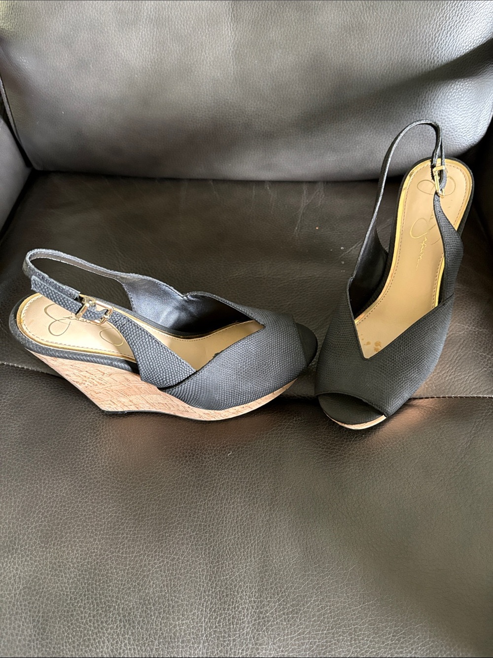 Jessica Simpson Black Open-Toe Slingback Wedge Sandals